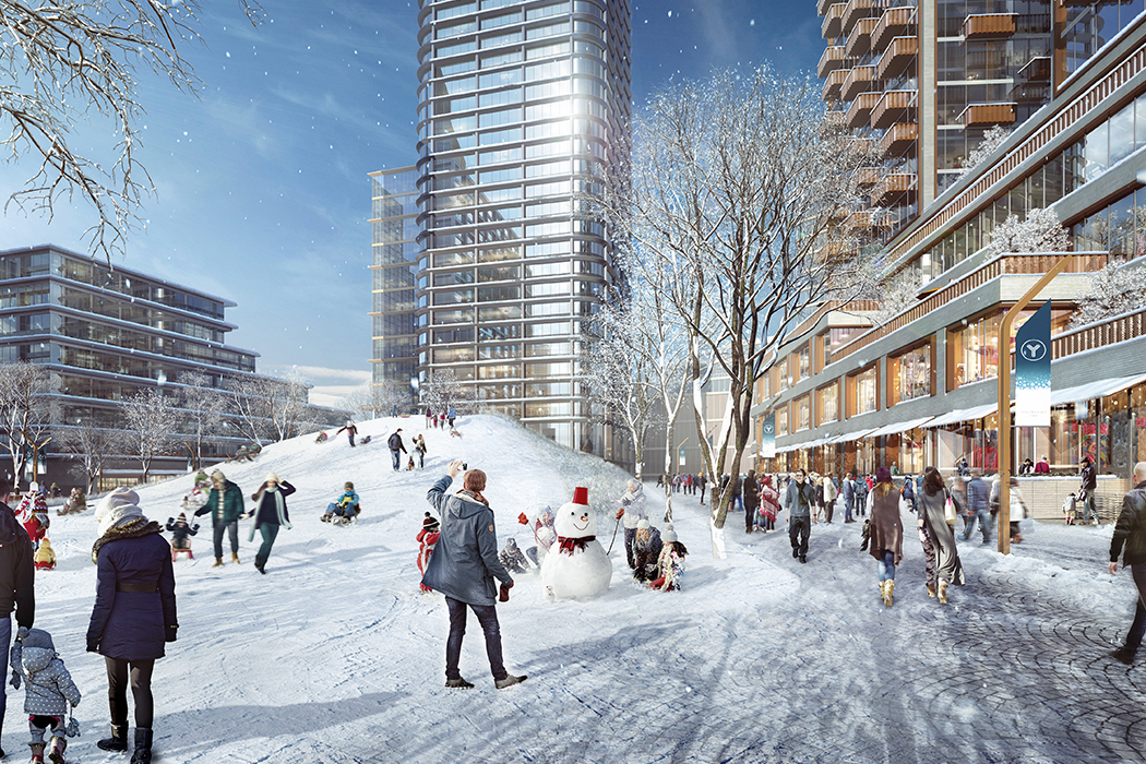 Rendering of a winter scene in the Lincoln Yards area